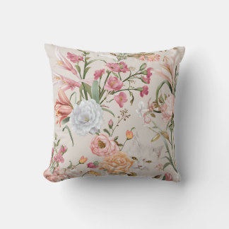 White Cats Pink Roses Floral  Throw Pillow