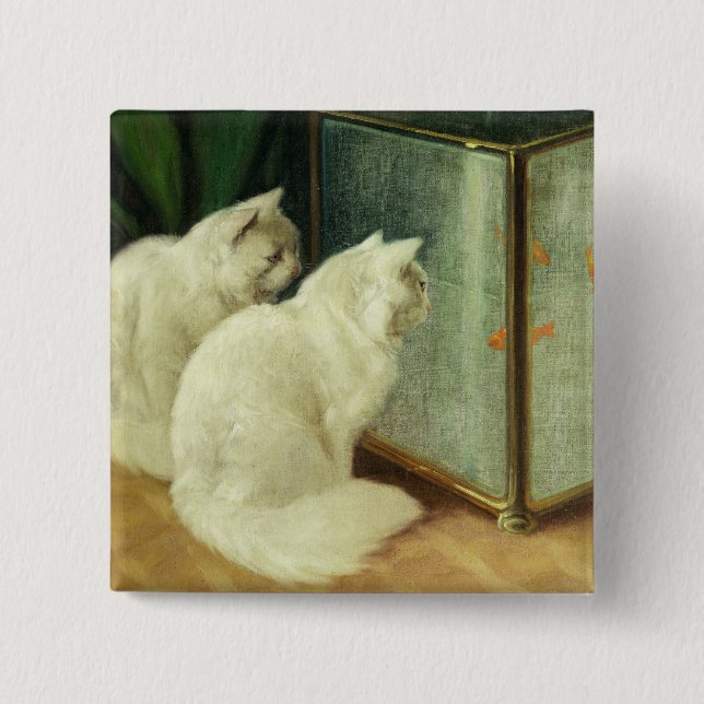 White Cats Watching Goldfish Button (Front)