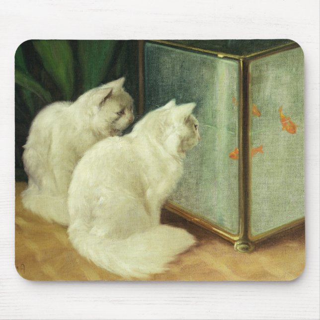 White Cats Watching Goldfish Mouse Pad (Front)