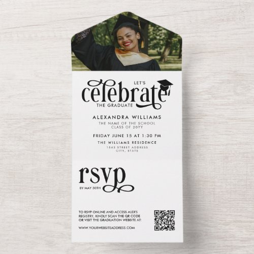 White Celebrate the Graduate Photo QR RSVP All In One Invitation