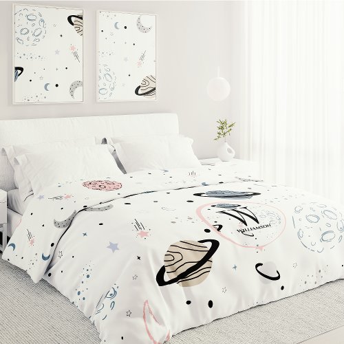 White Celestial Planetary Pattern with Monogram Duvet Cover