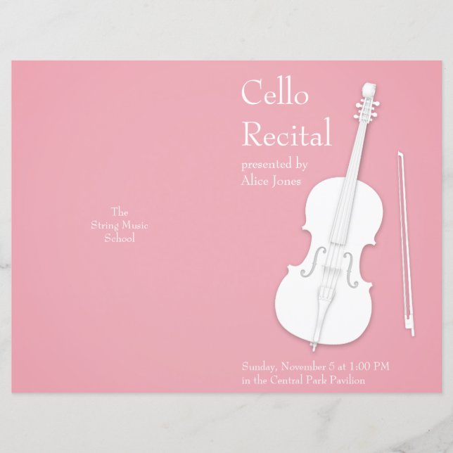 White Cello & Bow Folded Music Recital Program (Front)