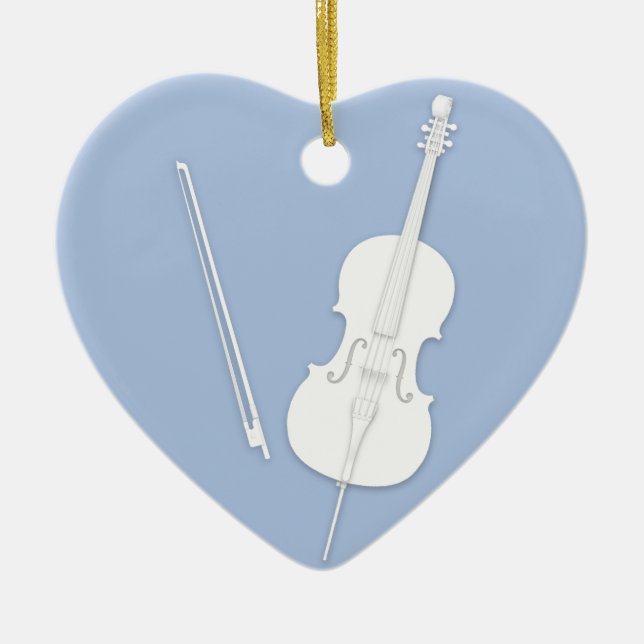 White Cello & Bow Light Blue Custom Heart Ceramic Ornament (Front)