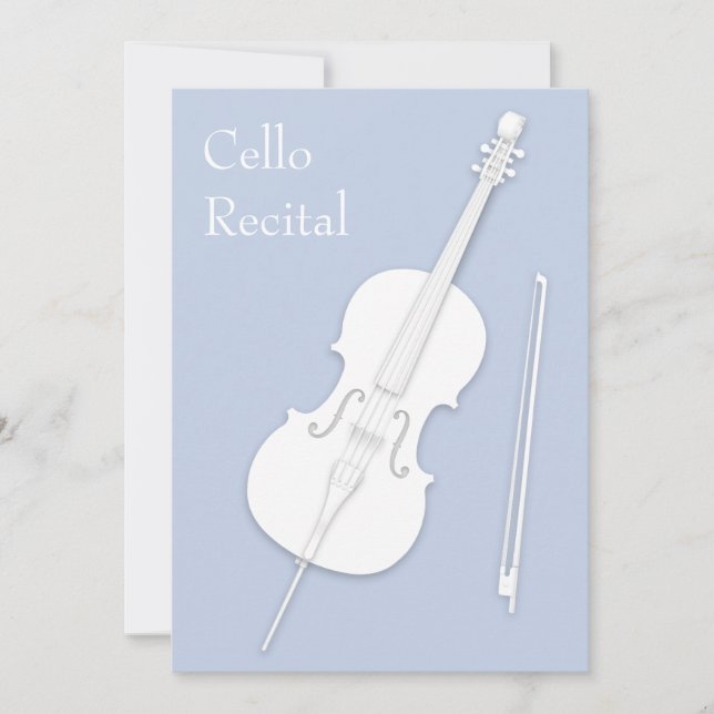 White Cello & Bow Music Recital Concert Pale Blue Invitation (Front)