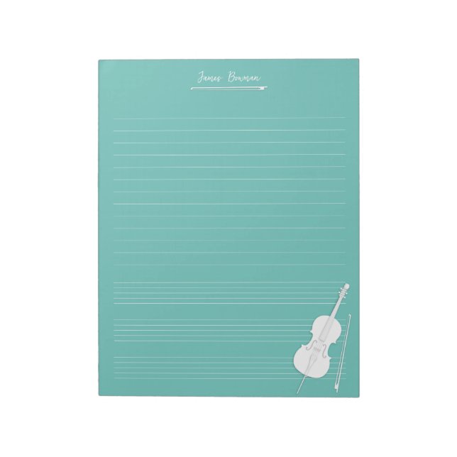 White Cello & Bow Personalized Music Class Aqua Notepad (Rotated)