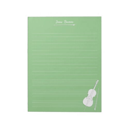 White Cello  Bow Personalized Music Class Green Notepad