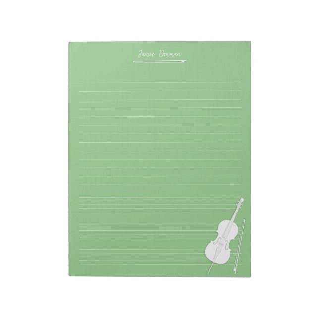 White Cello & Bow Personalized Music Class Green Notepad (Rotated)