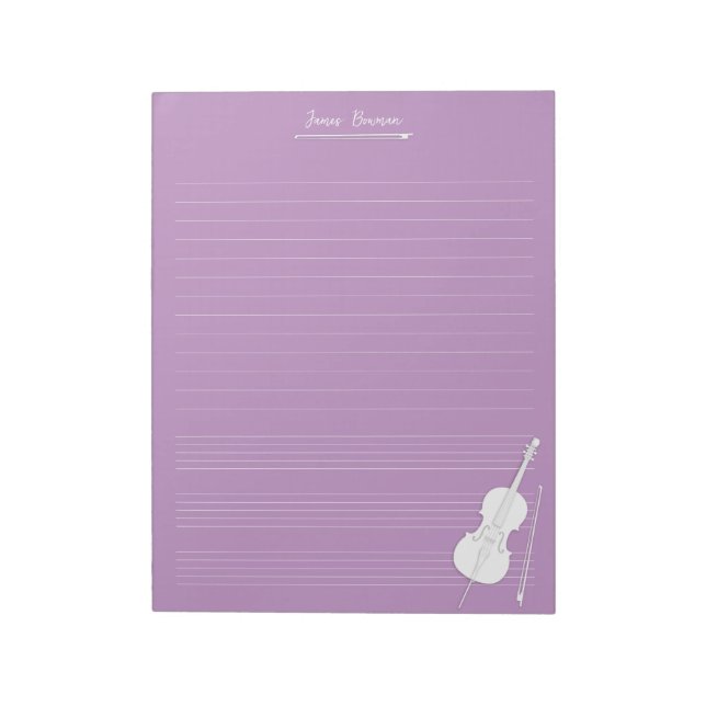 White Cello & Bow Personalized Music Class Lilac Notepad (Rotated)