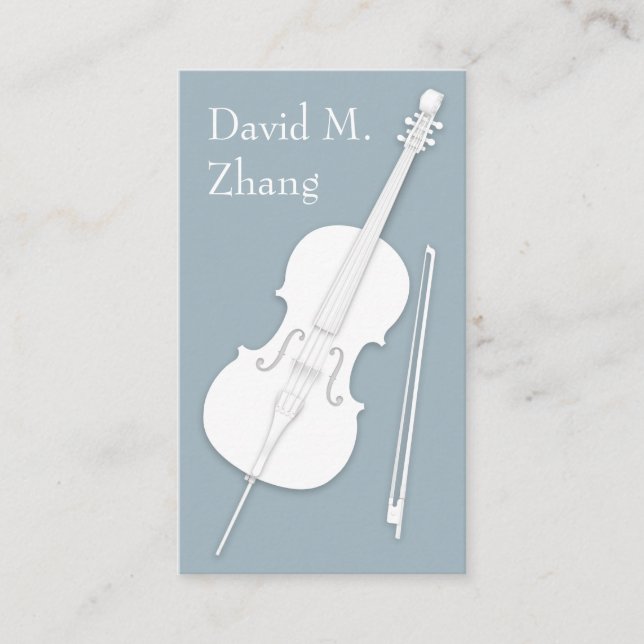 White Cello & Bow Slate Gray String Player Business Card (Front)