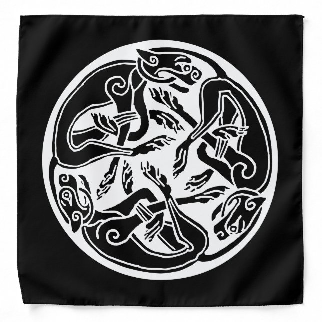 White Celtic Hound Dogs on Black Bandana (Front)
