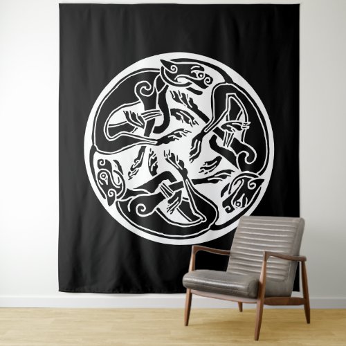 White Celtic Hound Dogs on Black Tapestry