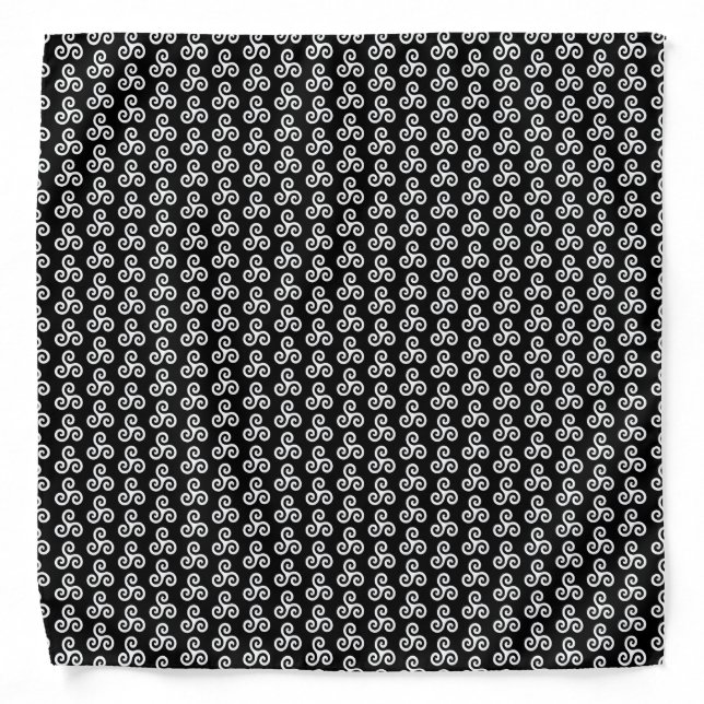 White Celtic Triple Spiral Triskele on Black Bandana (Front)