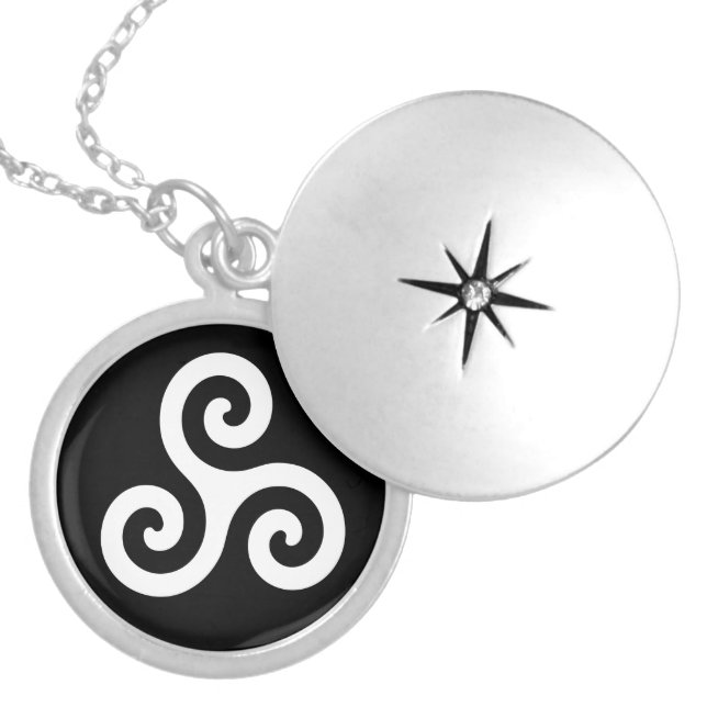White Celtic Triple Spiral Triskele on Black Locket Necklace (Front)