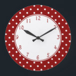 White center Small White Polka dots red background Large Clock<br><div class="desc">White center Small White Polka dots red background 
 white dots on apple red color background 
 red numbers 
 circles,  dotty folk-art</div>