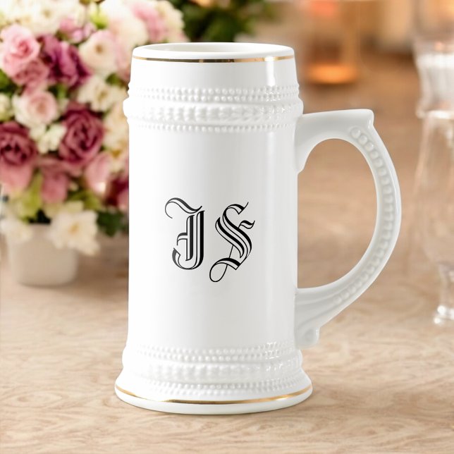 White Ceramic Beer Stein with Custom Initials (MISOOK White Beer Stein with Initials)