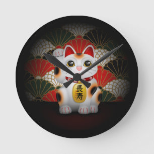 White Ceramic Maneki Neko Round Clock