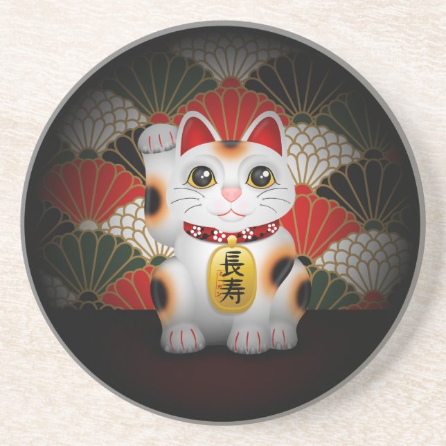 White Ceramic Maneki Neko Sandstone Coaster (Front)
