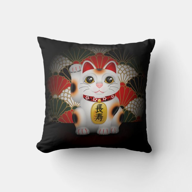 White Ceramic Maneki Neko Throw Pillow (Front)