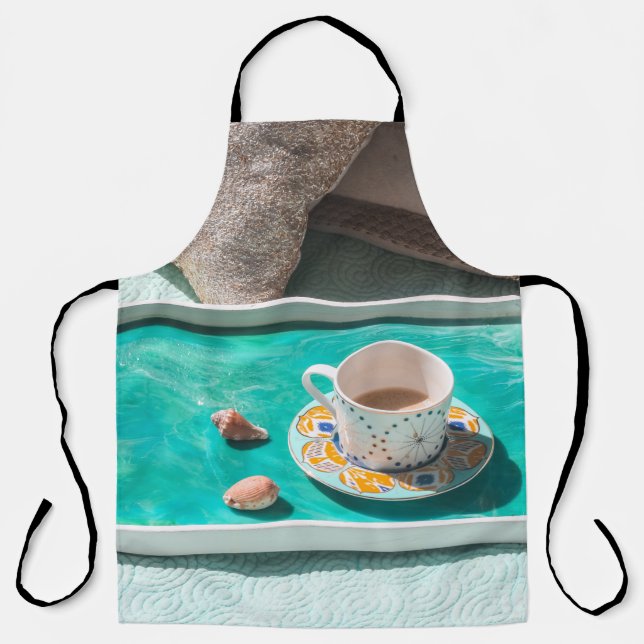 White ceramic mug on white serving tray apron (Front)