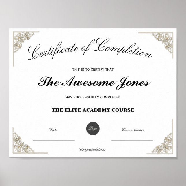 White Certificate of Completion Custom Logo Poster (Front)