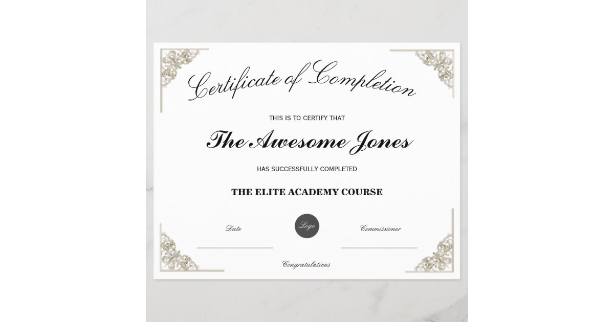 White Certificate of Completion with Custom Logo | Zazzle