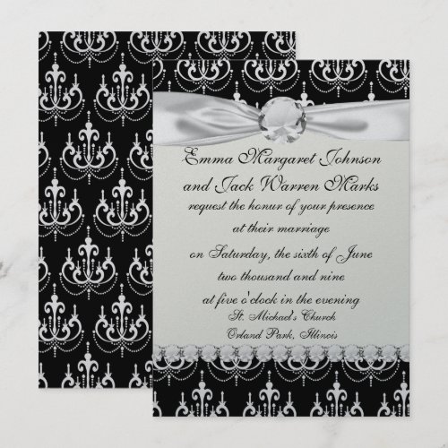 white chadelier on black modern damask design custom invitations