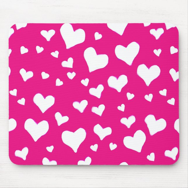 White Chalk Hearts on Fuchsia Pink Mouse Pad (Front)
