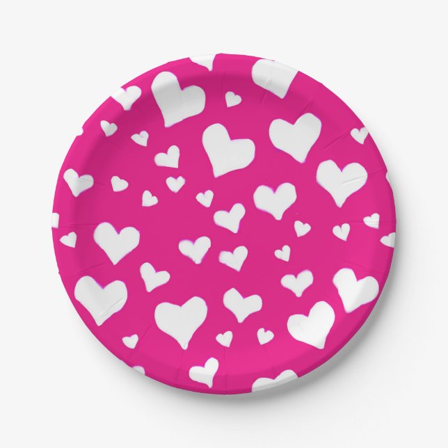 White Chalk Hearts on Fuchsia Pink Paper Plates (Front)