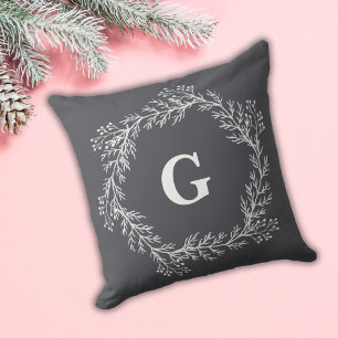 White Chalk Winter Christmas Wreath Monogram Grey Throw Pillow