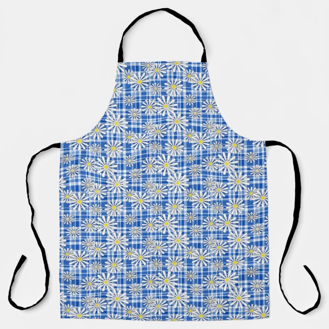 White chamomile flowers on a blue checkered backgr apron (Front)