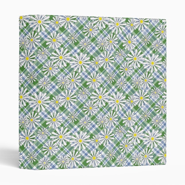 White chamomile flowers on a green blue checkered  3 ring binder (Front/Spine)