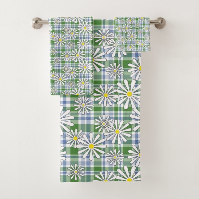 White chamomile flowers on a green blue checkered  bath towel set (Insitu)