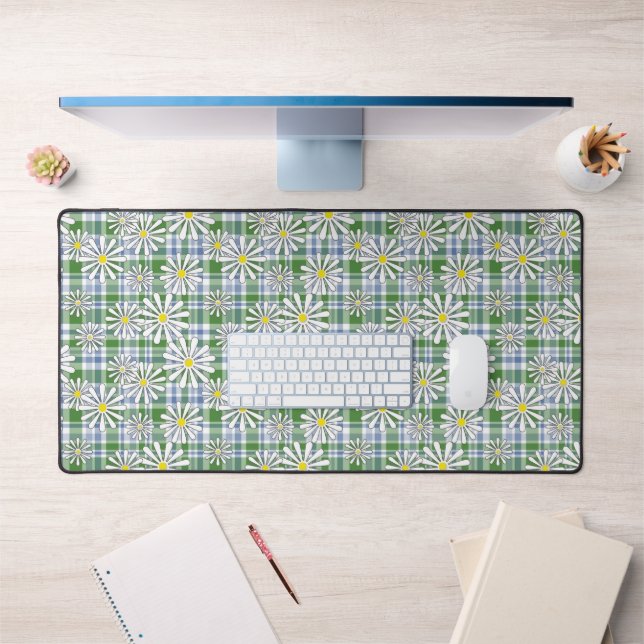 White chamomile flowers on a green blue checkered  desk mat (Office 1)