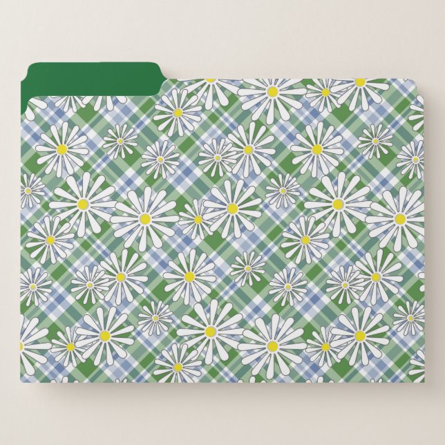White chamomile flowers on a green blue checkered  file folder (Front Left)
