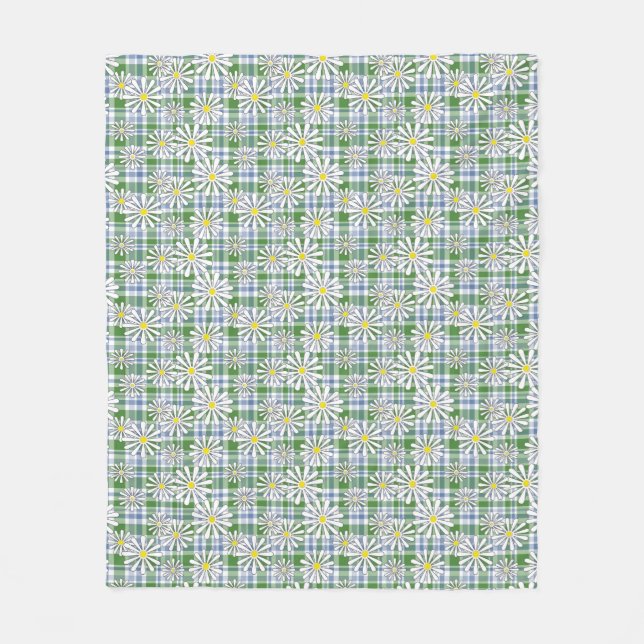 White chamomile flowers on a green blue checkered  fleece blanket (Front)