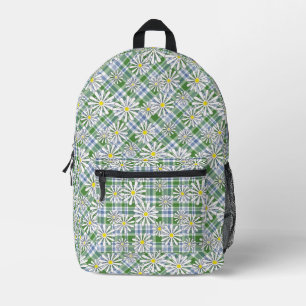 White chamomile flowers on a green blue checkered printed backpack