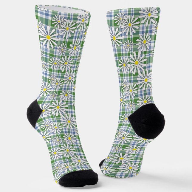 White chamomile flowers on a green blue checkered  socks (Angled)