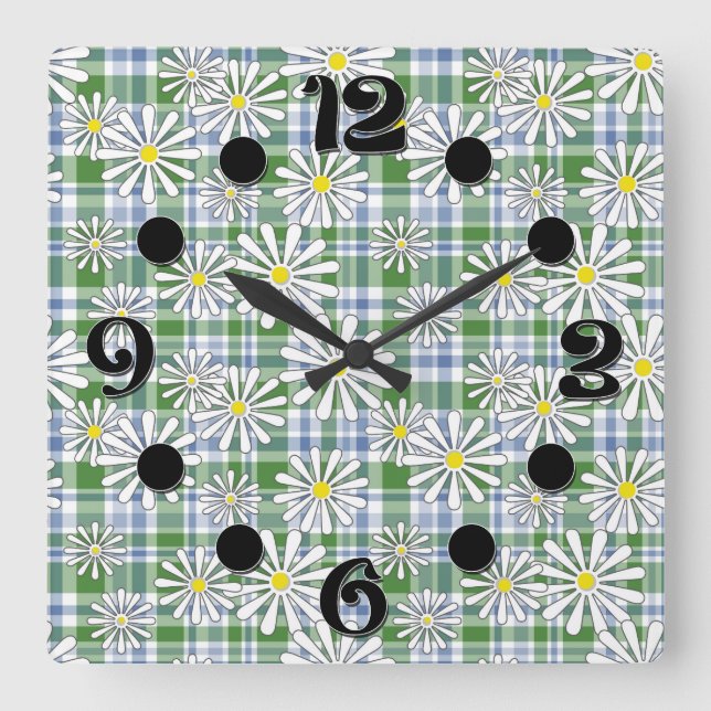 White chamomile flowers on a green blue checkered  square wall clock (Front)