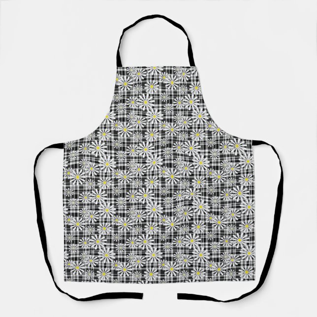 White chamomile flowers on black white checkered b apron (Front)