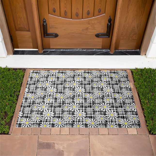 White chamomile flowers on black white checkered b doormat (Outdoor)
