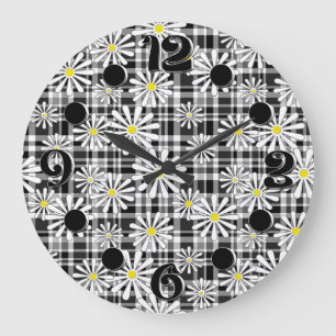 White chamomile flowers on black white checkered b large clock