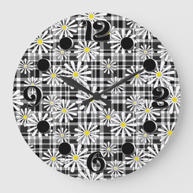 White chamomile flowers on black white checkered b large clock (Front)