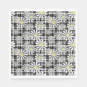 White chamomile flowers on black white checkered b napkins