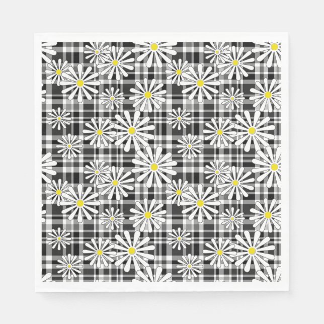 White chamomile flowers on black white checkered b napkins (Front)