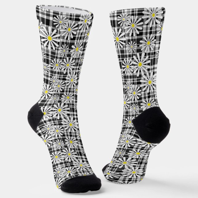 White chamomile flowers on black white checkered b socks (Angled)