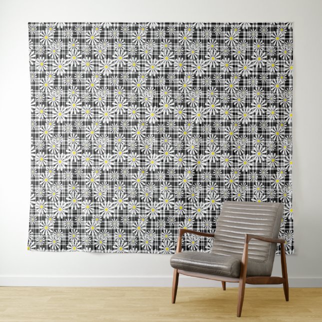 White chamomile flowers on black white checkered b tapestry (In Situ (Horizontal))