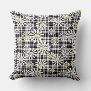 White chamomile flowers on black white checkered b throw pillow