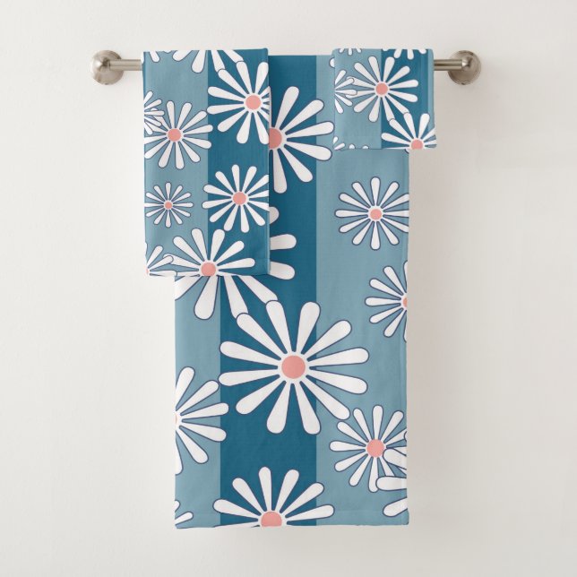 White chamomile flowers on striped blue background bath towel set (Insitu)