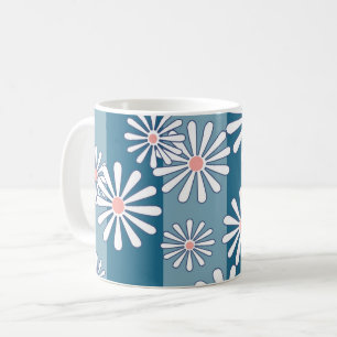 White chamomile flowers on striped blue background coffee mug