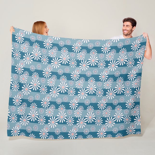White chamomile flowers on striped blue background fleece blanket (In Situ)